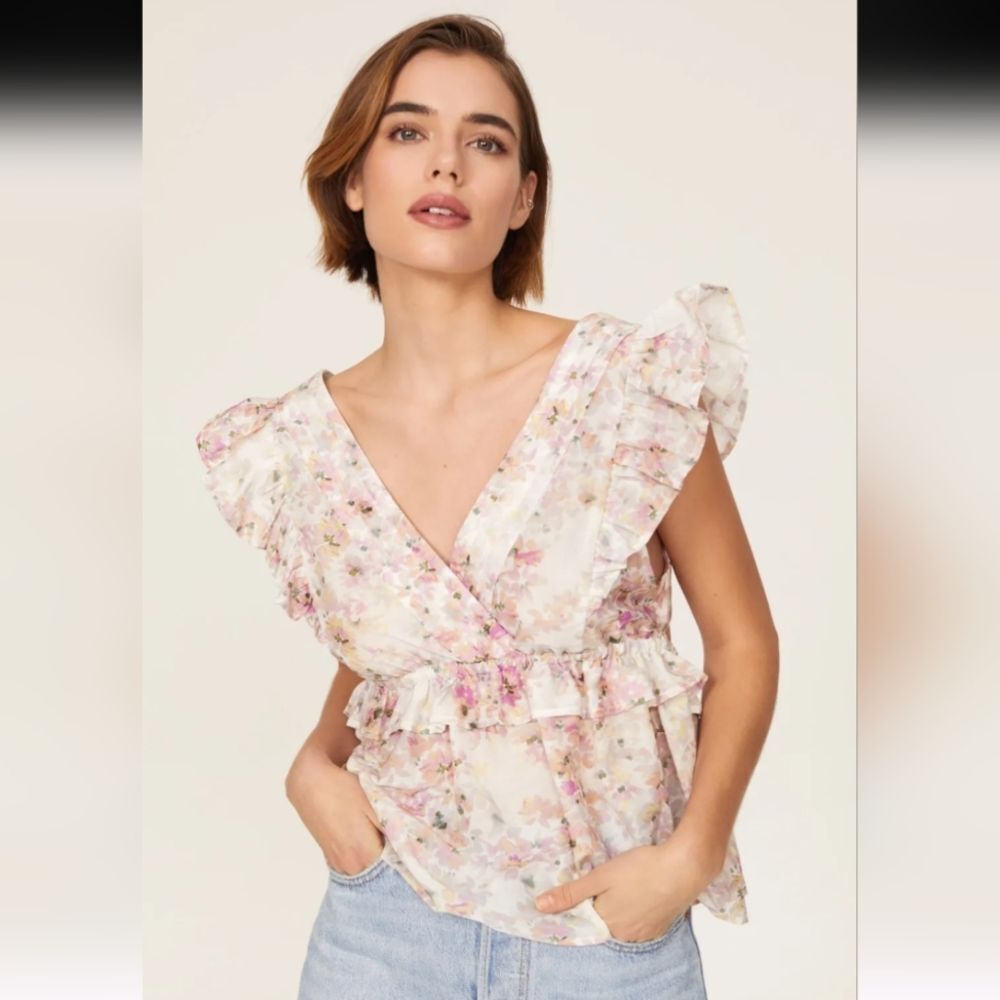 Munthe Herb Pink Floral Ruffle Sleeve Top Size 44
